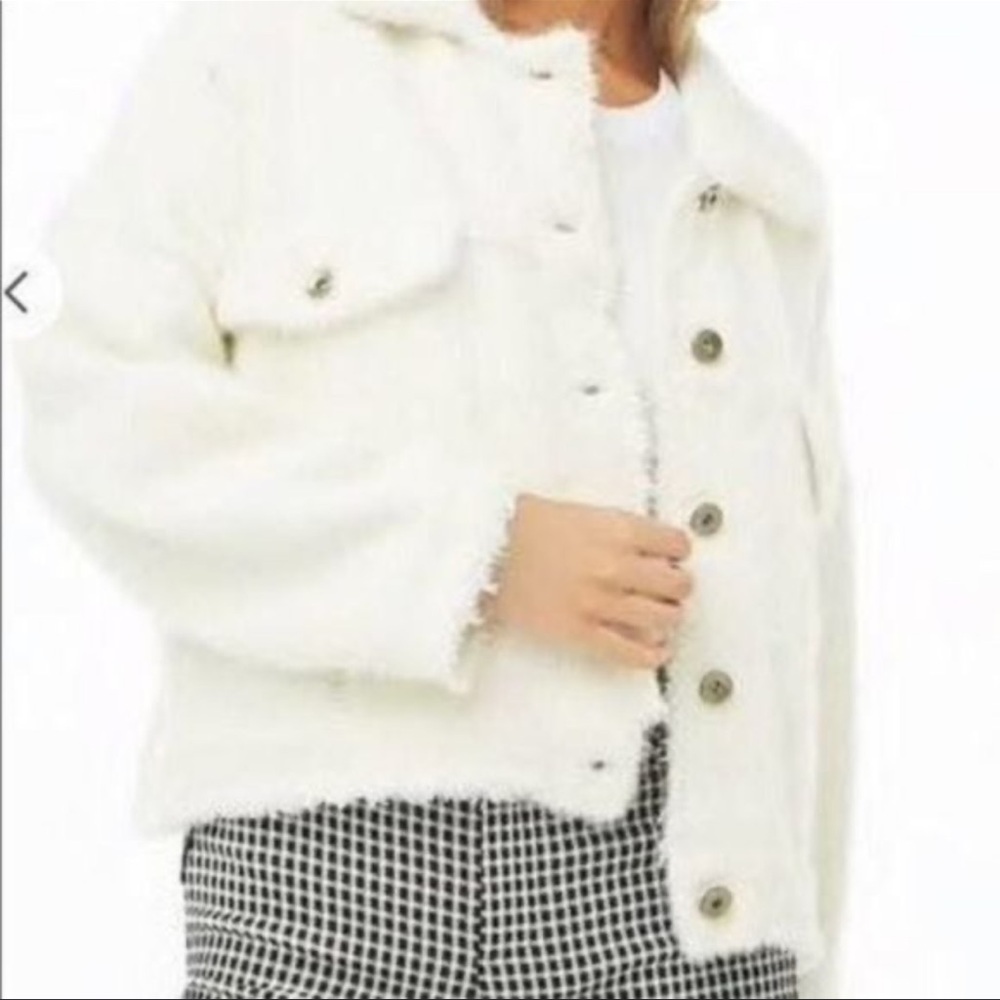 SHACI BLUE Ivory Fuzzy Trucker Sweater Jacket Oversized Distressed S Small $120